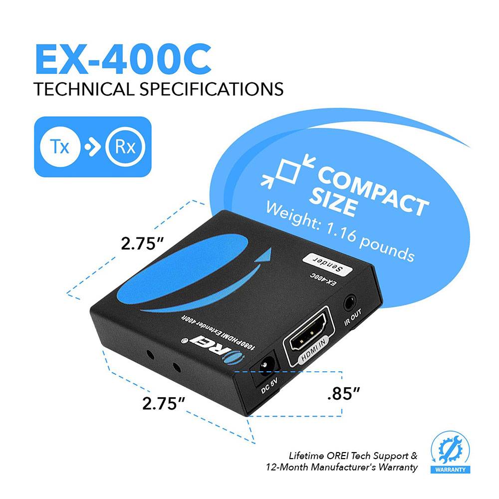 1080p HDMI Extender Over CAT6/7 upto 400 ft - IR (EX-400C)