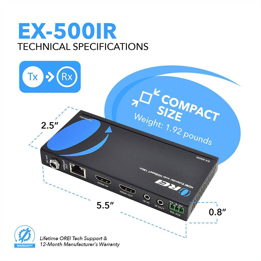 1080P HDBaseT HDMI Extender over Cat5e/6 Upto 500 Feet -2 Way IR