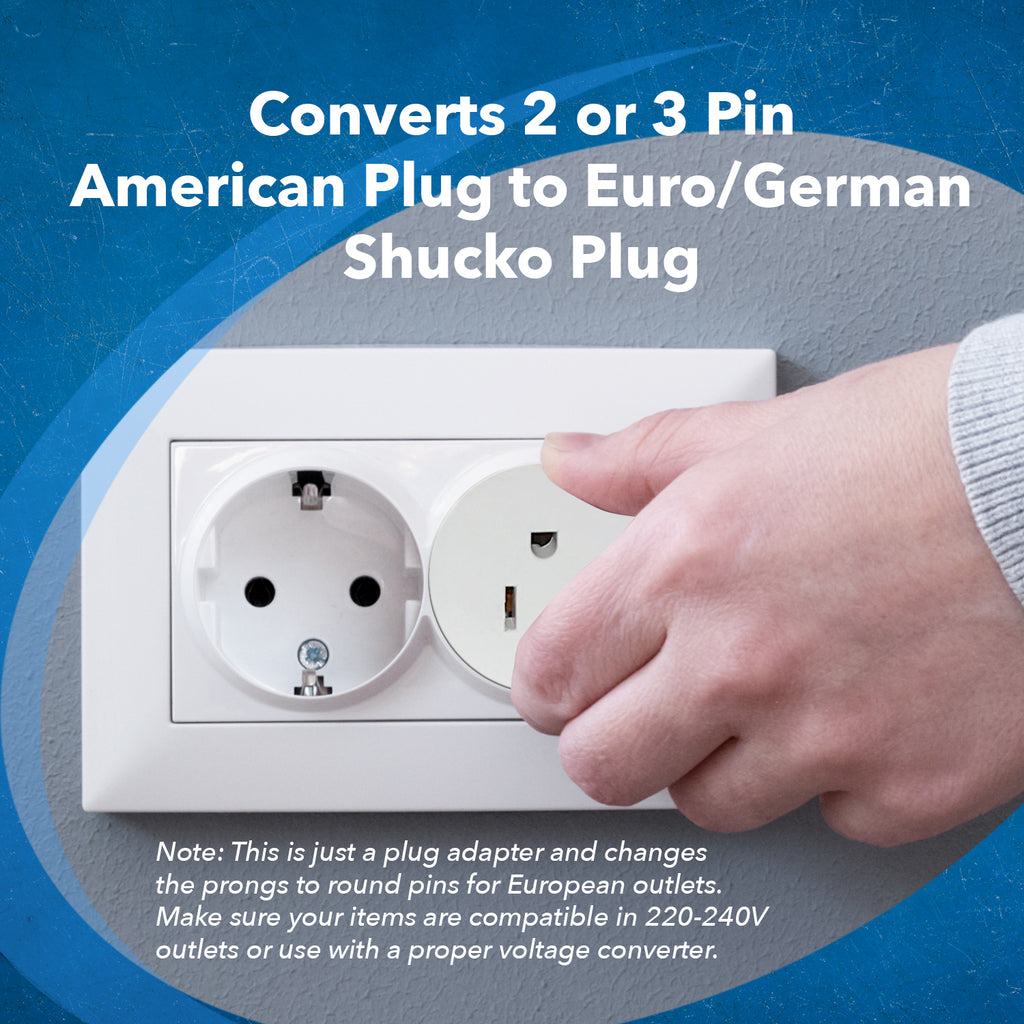 OREI American USA To European Schuko Germany Plug Adapters CE Certified Heavy Duty - 2 Pack (GS20)