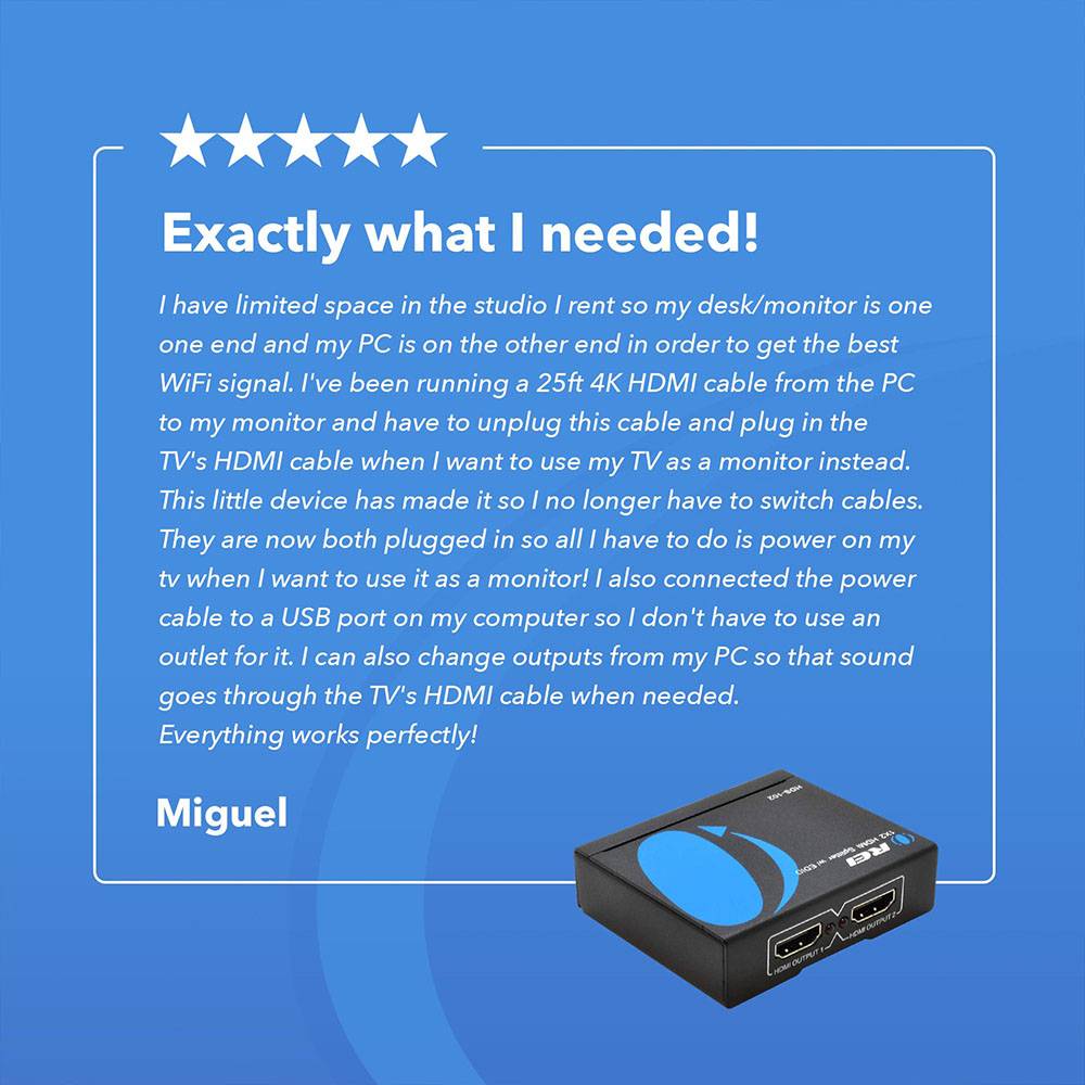 1x2 HDMI Splitter: 1-in 2-out, USB Powered, EDID, 3D Support (HD-102)