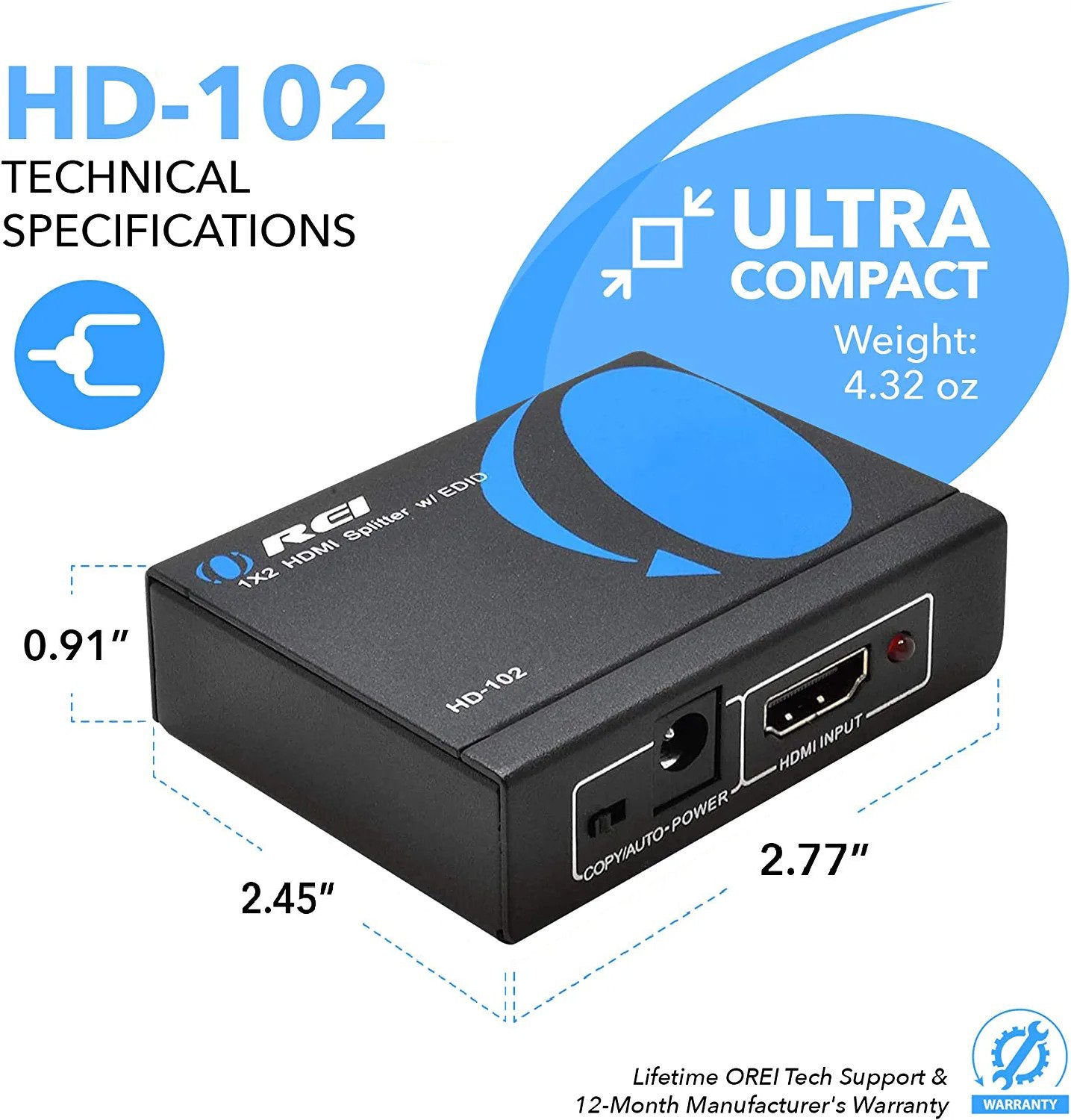 1x2 HDMI Splitter: 1-in 2-out, Powered, EDID, Support (HD-102) | OREI