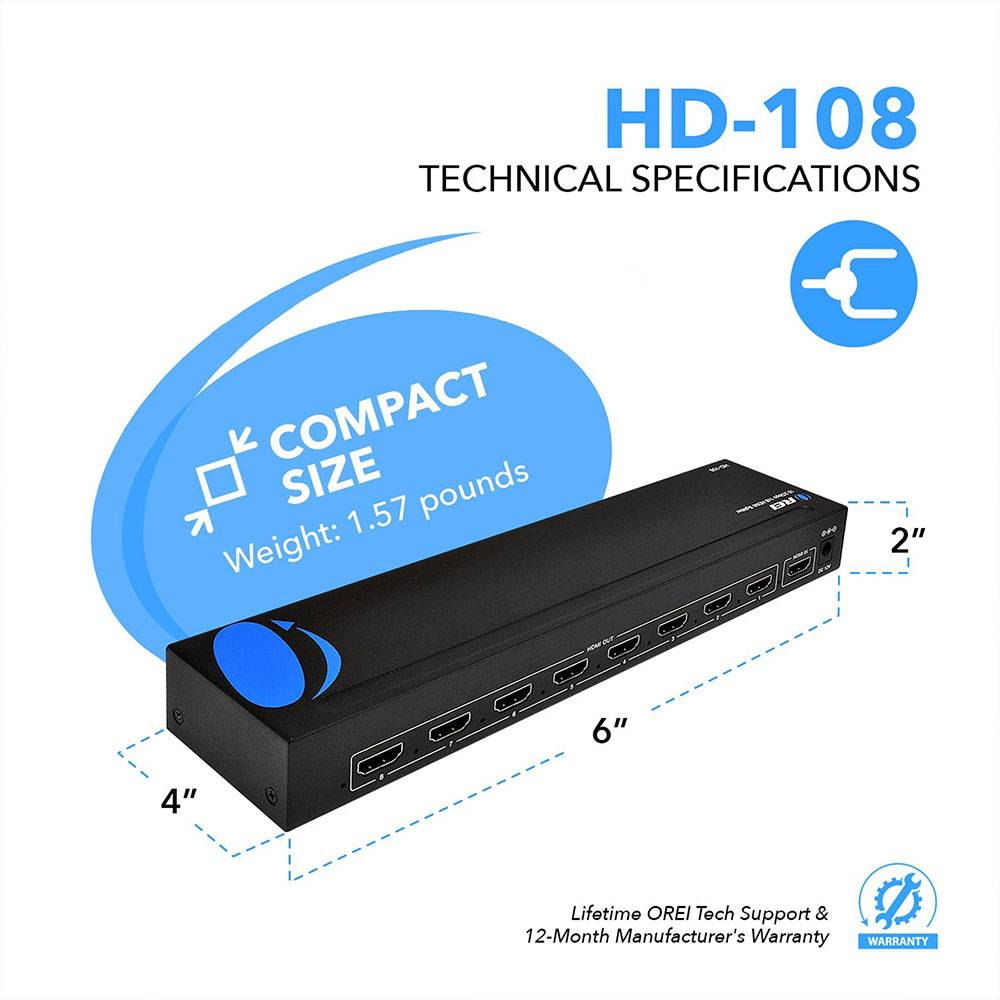 1x8 HDMI Splitter : 1-in 8-out, 1080p, EDID (HD-108)
