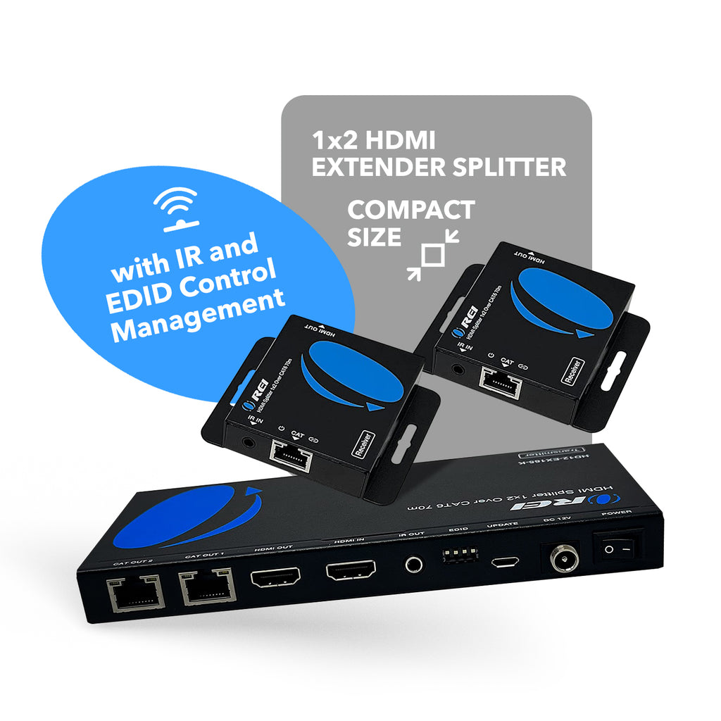 1x2 HDMI Extender Splitter Over CAT6/7 Up to 165 Ft- Loop-Out, IR Control & EDID (HD12-EX165-K)