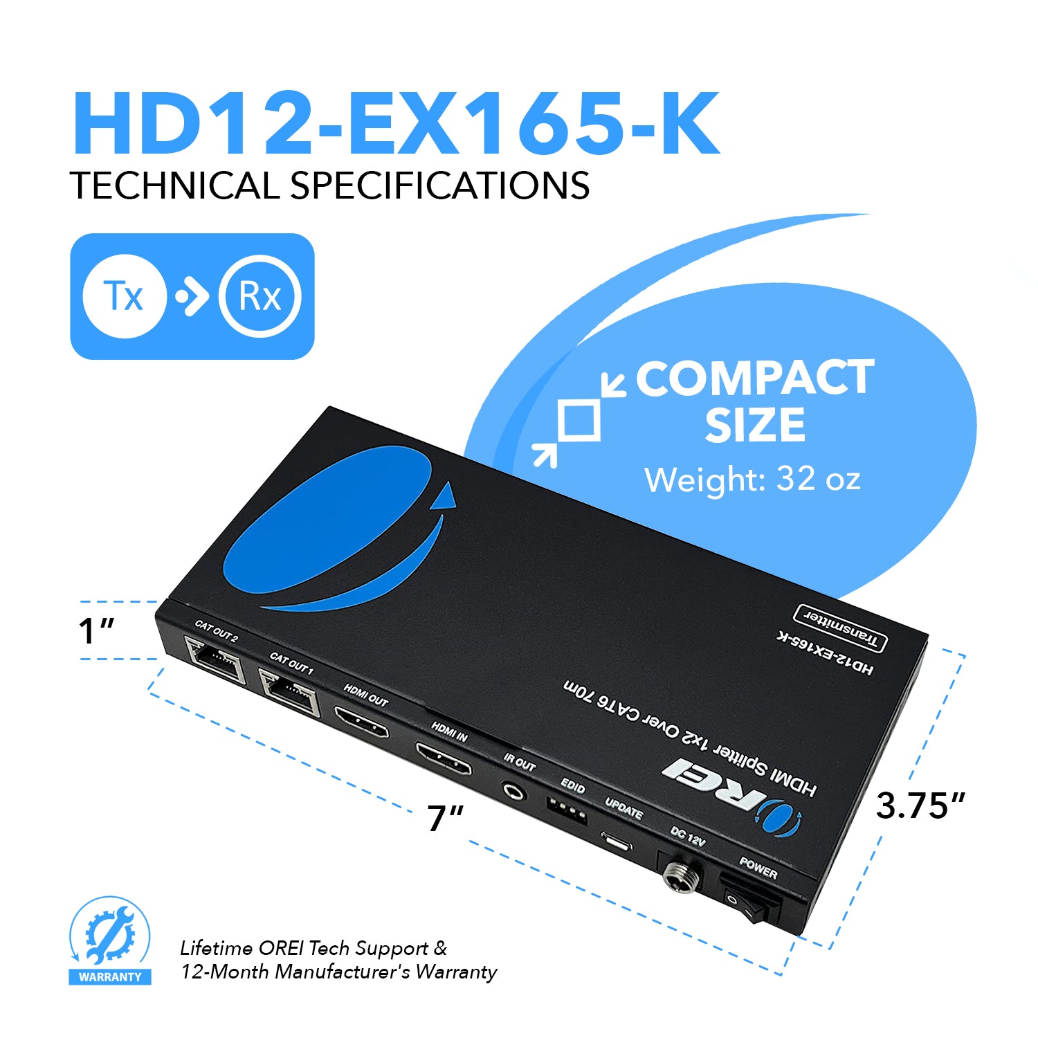 HDMI Extender Splitter 1x2, HD1080P@60Hz & 3D Visual, Extending 165ft (50m)  Length Transmission Over CAT5e/CAT6/CAT7 Cable, 2 Channel Transmission with  2 HDMI Loop Out 