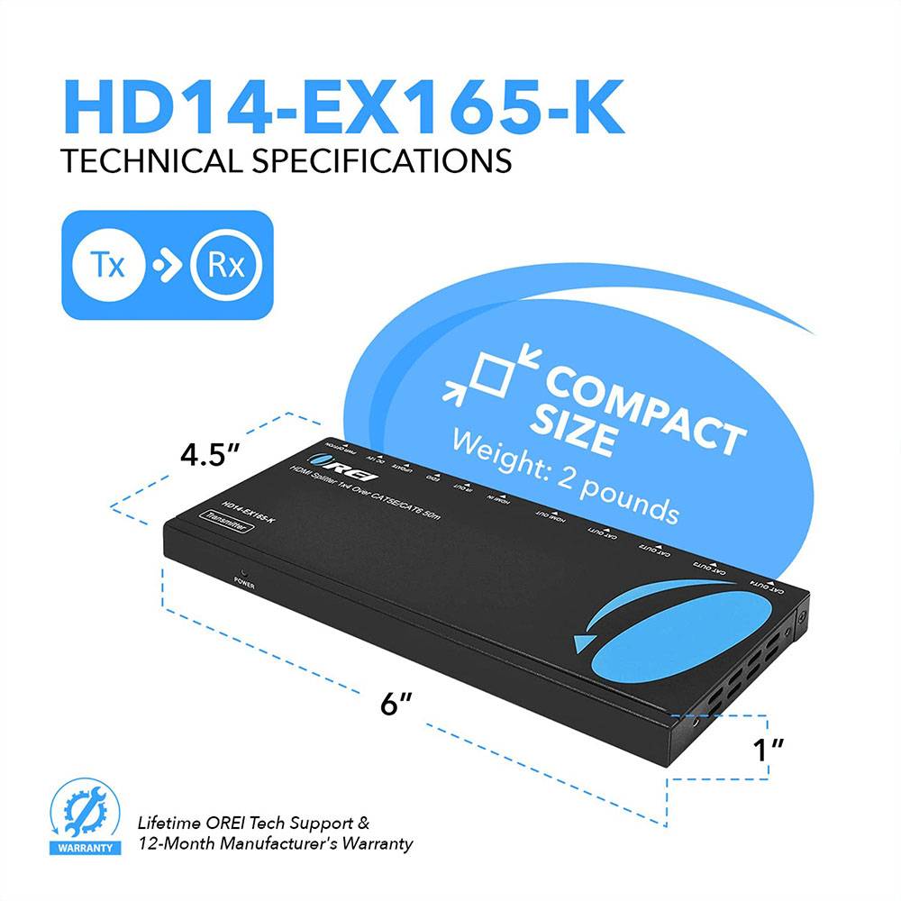 1x4 HDMI Extender Splitter Over CAT6/7 Up to 165 Ft @1080P HDMI Loop Out & IR Control (HD14-EX165-K)