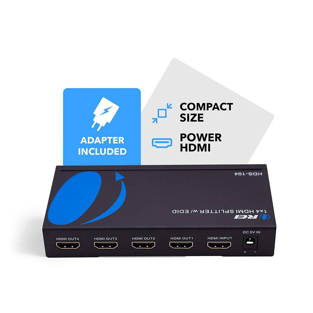 1x4 HDMI Splitter with Power Adapter : 1-in 4-out, EDID (HDS-104)