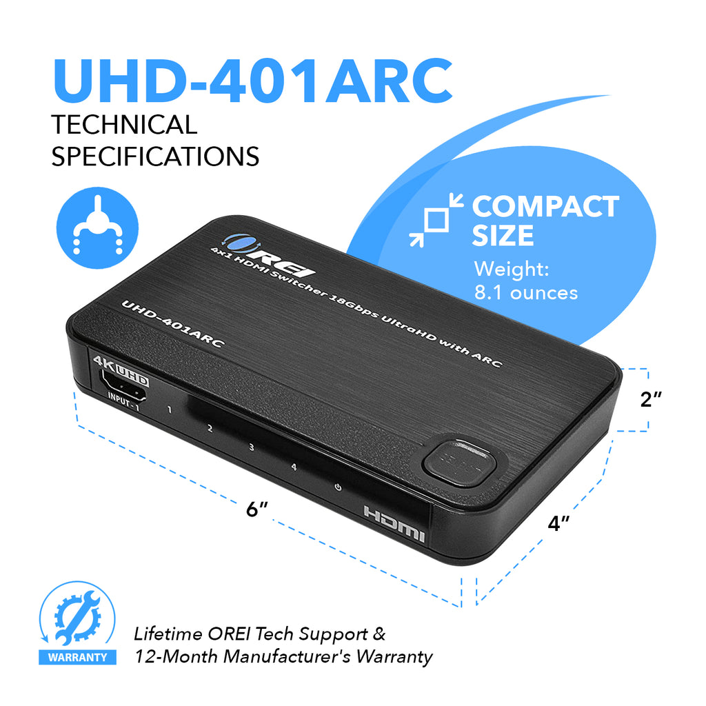 4K ARC 4x1 HDMI Switcher - Supports 4K @ 60Hz, Connect Sound bar With ARC (UHD-401ARC)