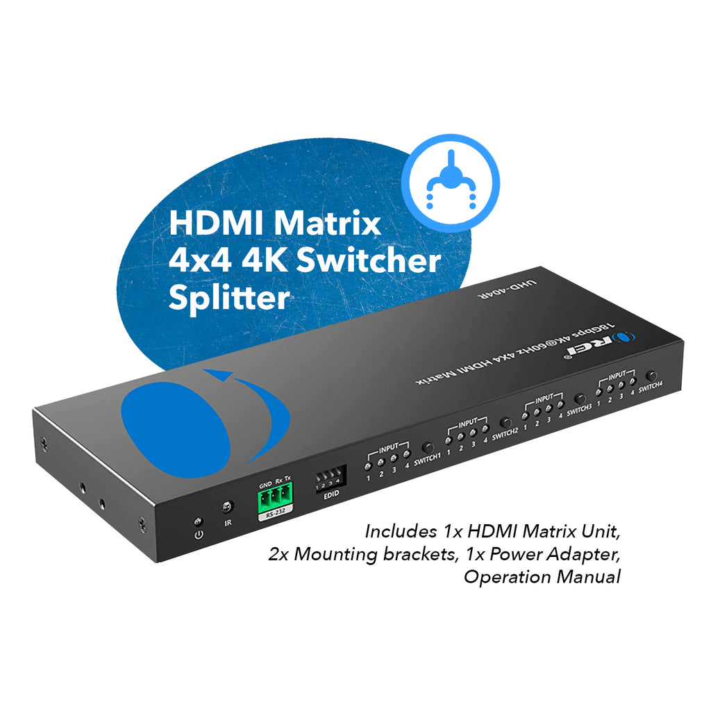 4K 4x4 HDMI Matrix Switch - Supports UltraHD 4K@60Hz 4:4:4, HDR10, RS-232 (UHD-404R)