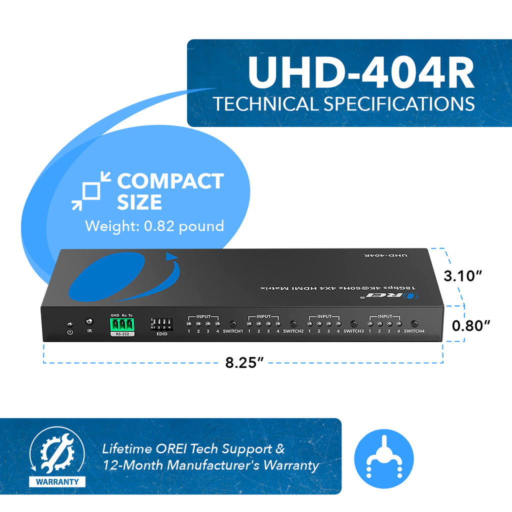 4K 4x4 HDMI Matrix Switch - Supports UltraHD 4K@60Hz 4:4:4, HDR10, RS-232 (UHD-404R)