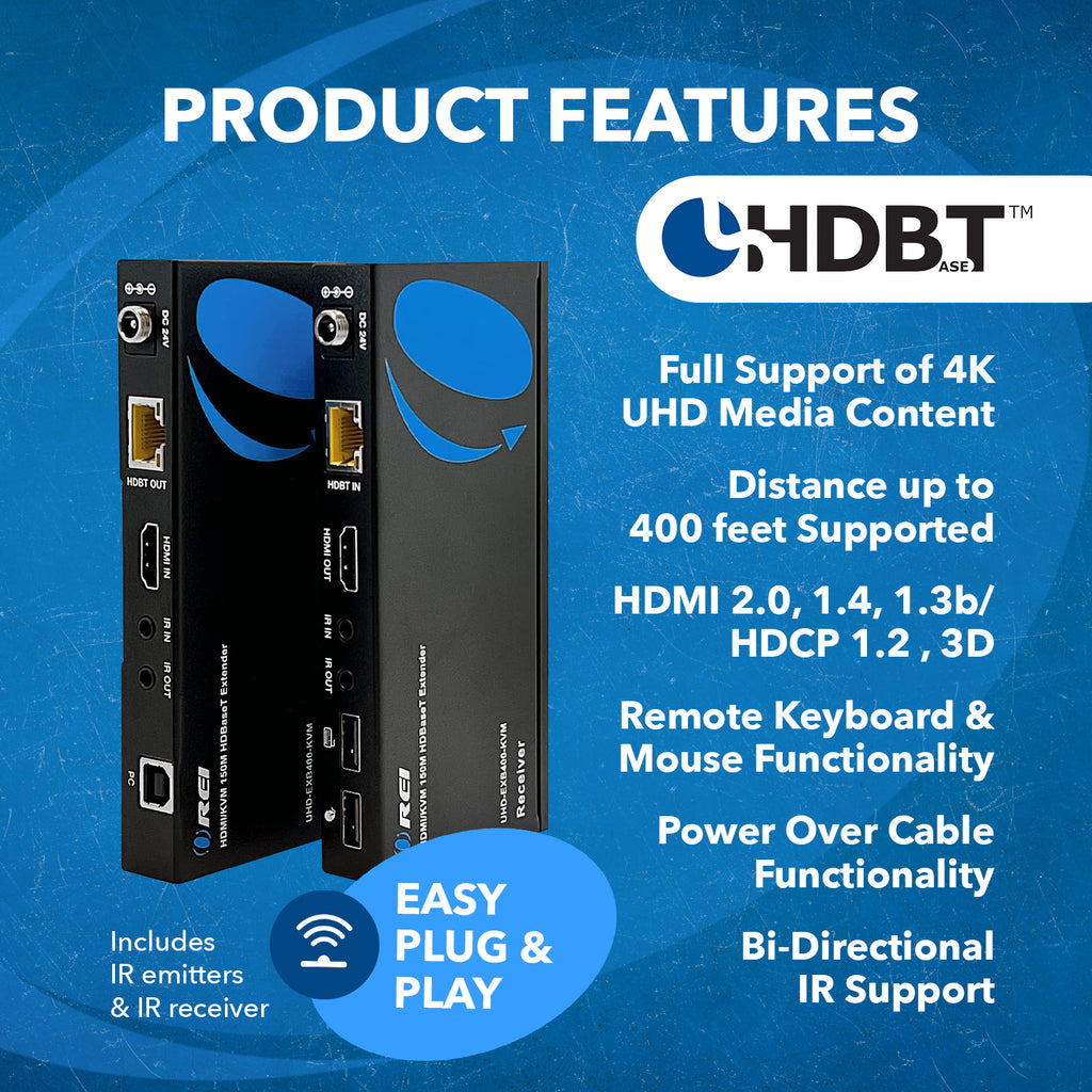 4K KVM HDMI HDBaseT Extender Over CAT6/CAT7 Cable Up To 400 Ft Keyboard & Mouse Over Network (UHD-EXB400-KVM)
