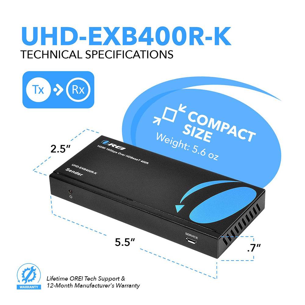 HDMI Extender with HDBaseT Over CAT5e/6/7 Upto 400 Ft - IR Control & HDMI Loopout (UHD-EXB400R-K)