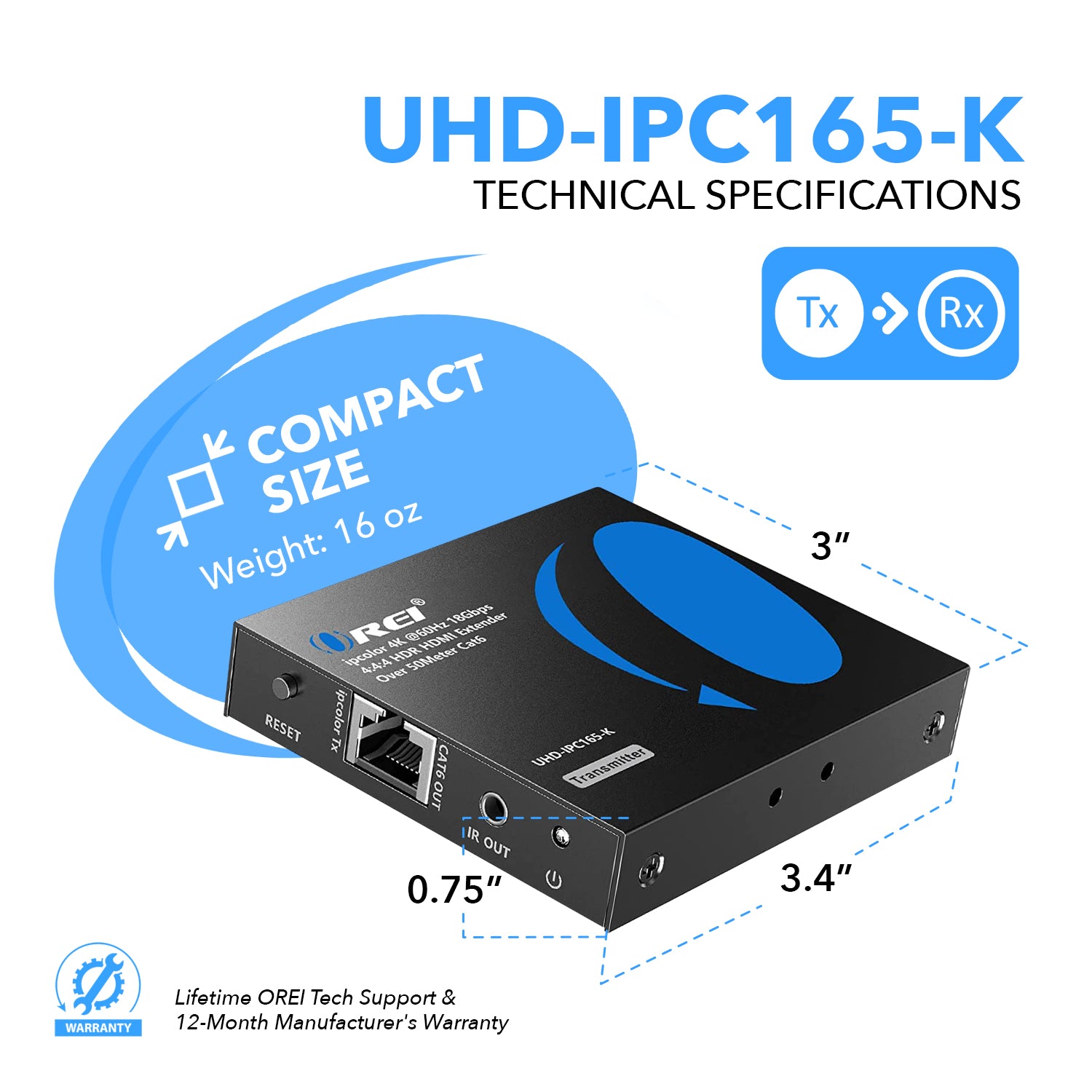 4K HDMI Extender Over Cat6/7 Cable upto 165 ft - IR & Loop-out  (UHD-EX165H-K)