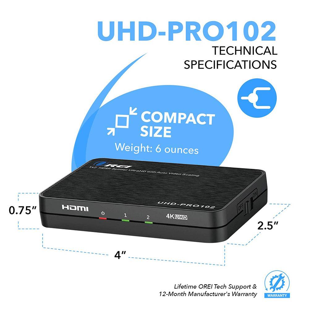 4K 1x2 HDMI Splitter by OREI - with Scaler 2 Ports with Full Ultra HD, HDCP 2.2, 4K at 60Hz & 3D Supports EDID Control - UHD-PRO102