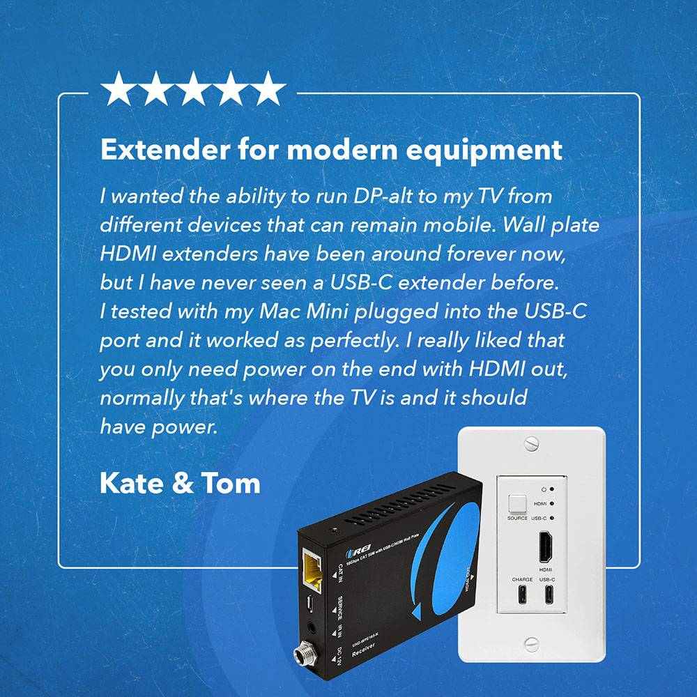 4K HDMI/USB-C Extender Over Single CAT6/7 with 4K@60Hz Wall Plate Transmitter, HDR & IR Control Upto 165ft (UHD-WPE165-K)