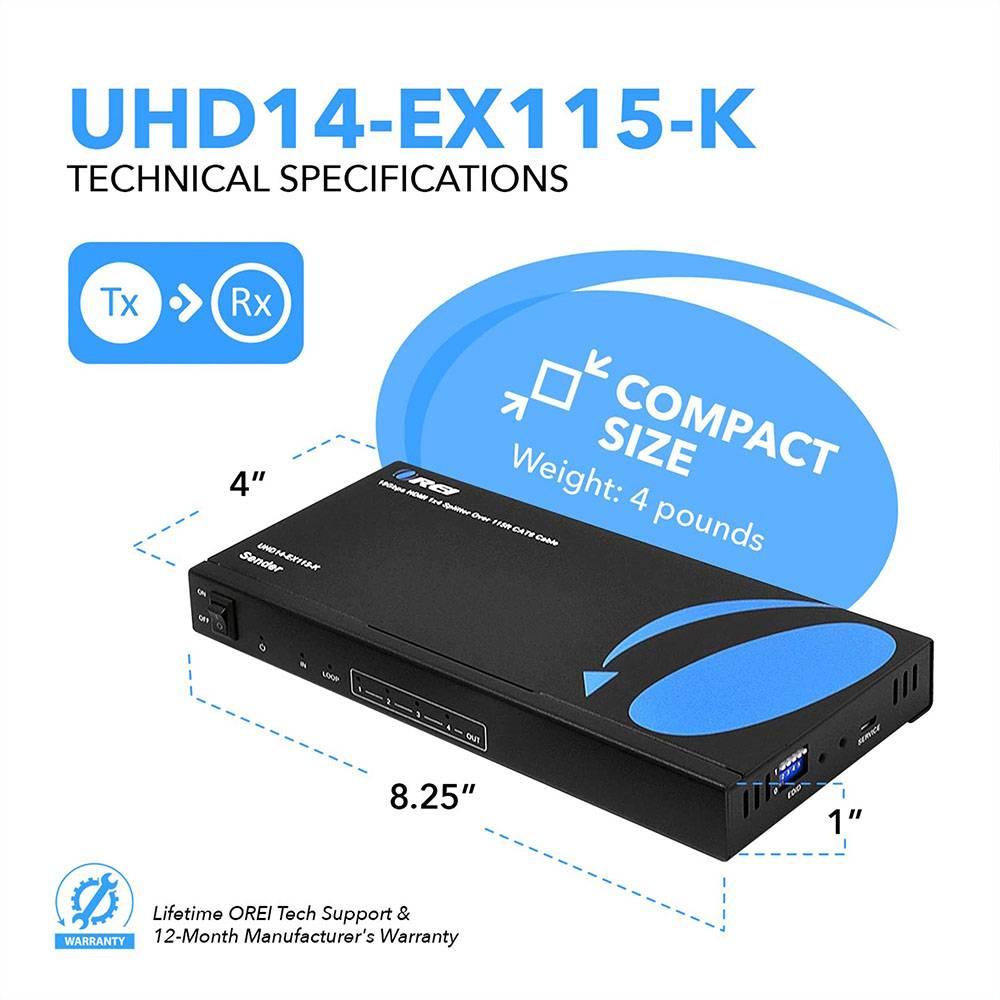 4K Ultra HD 1x4 HDMI Extender Splitter Over CAT6/7 Up to 115 Ft -EDID-Low Latency (UHD14-EX115-K)