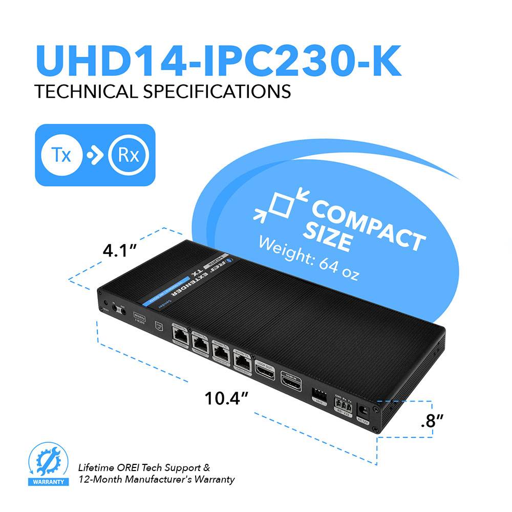 1x4 4K HDMI Extender Splitter Over Single CAT6/7 Up to 230 Ft - ipcolor Technology 18 Gbps, Bi-directional IR, RS-232, EDID (UHD14-IPC230-K)