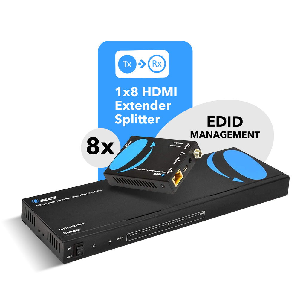 Ultra HD 1x8 HDMI Extender Splitter Over CAT6/7 Upto 115 Ft support 4K, Loop-out, IR Remote, EDID (UHD18-EX115-K)