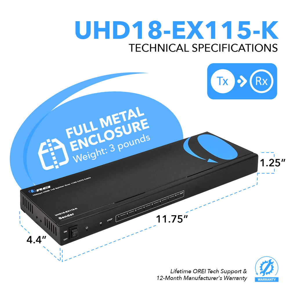 Ultra HD 1x8 HDMI Extender Splitter Over CAT6/7 Upto 115 Ft support 4K, Loop-out, IR Remote, EDID (UHD18-EX115-K)