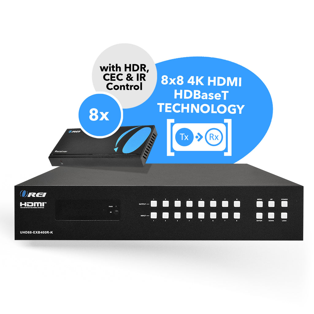 4K 8x8 HDMI Matrix Switcher Extender & HDBaseT Over CAT5e/6/7 Cable Up To 400 Feet (UHD88-EXB400R-K)
