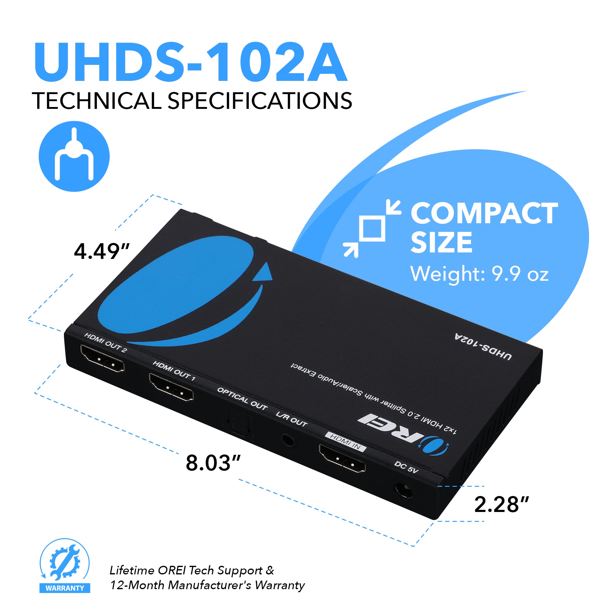 OREI 1x2 2.0 HDMI Splitter with Scaler Audio Extractor 2 Ports with Full Ultra HDCP 2.2, 4K at 60Hz & 3D Supports EDID Control - UHDS-102A