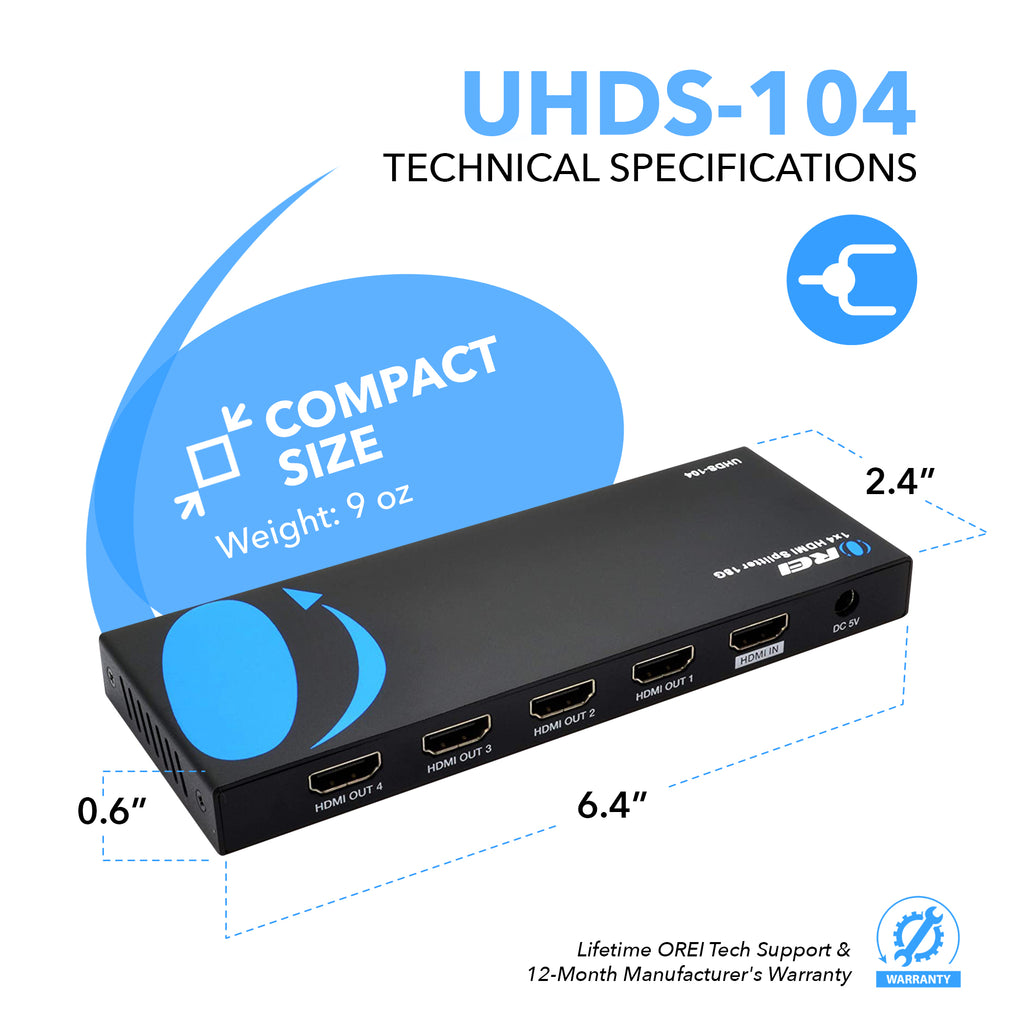 1x4 HDMI Splitter : 1-in 4-out, UltraHD 4K, EDID (UHDS-104)
