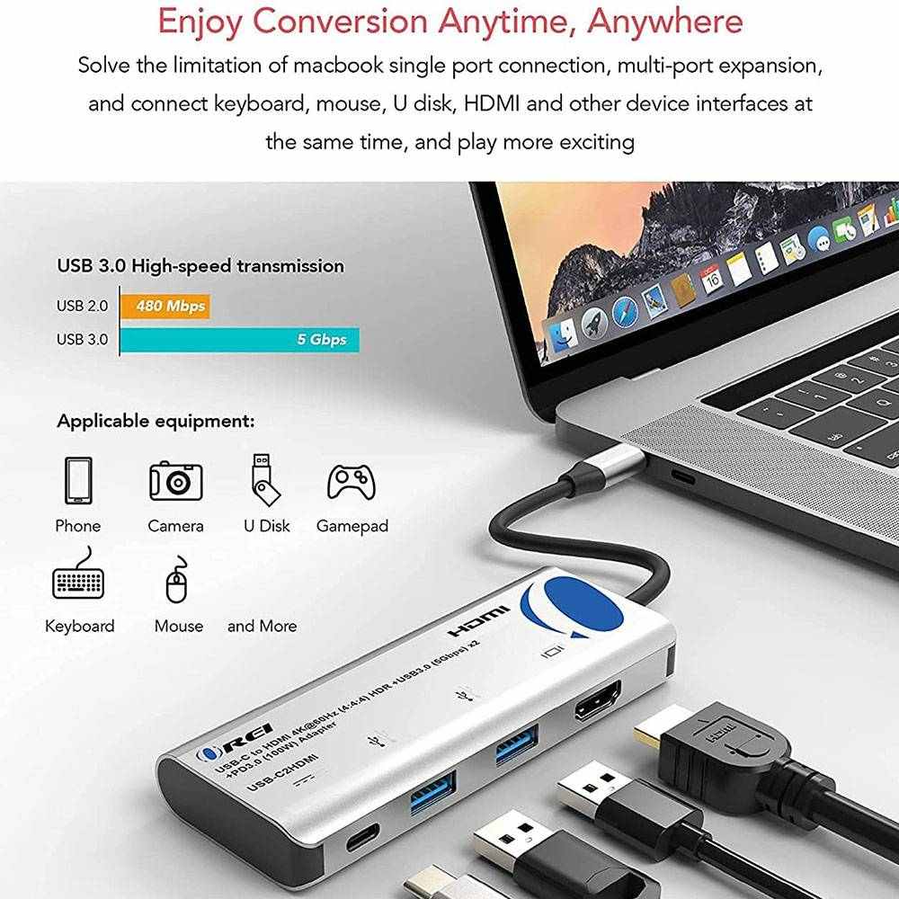 HDMI-C to HDMI Hub 4K@60Hz Adapter USB 3.0 x 2 + USB-C PD 3.0 (100W) -  Thunderbolt 3, Extend Display