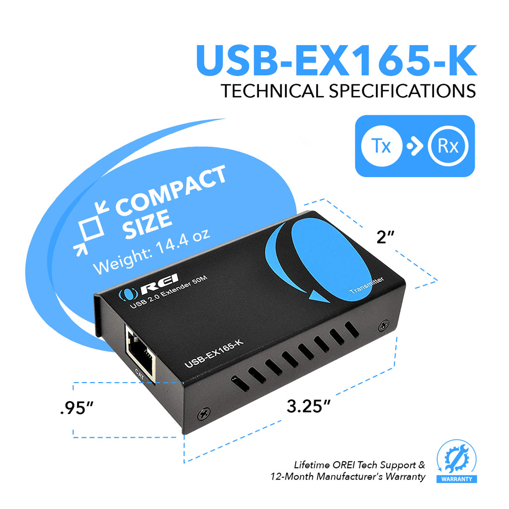 USB Over Ethernet Extender Upto 165 Feet - Extends USB 2.0 Signal Over CAT5e/6 LAN Ethernet Cable with 2 Ports (USB-EX165-K)